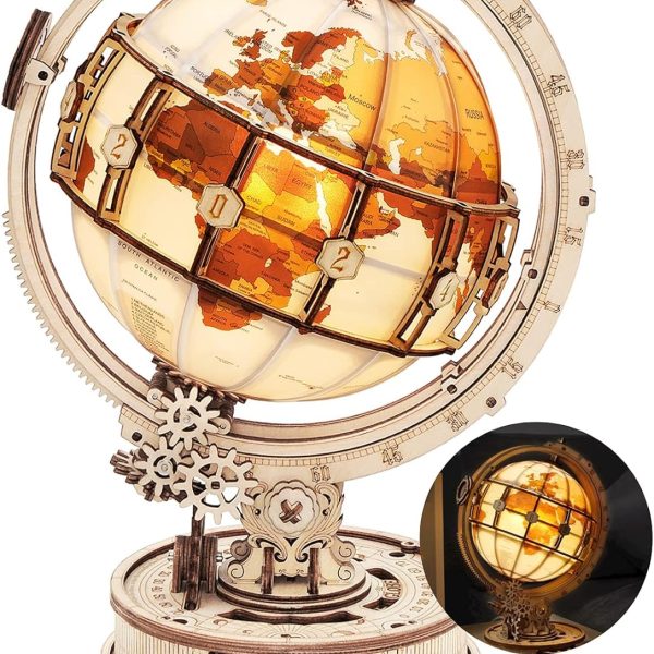 3D Wooden Puzzles for Adults Illuminated Globe with Stand 180pcs 3D Puzzles Built-in LED Model Kit Hobby Gifts for Adults/Teens Home Decor